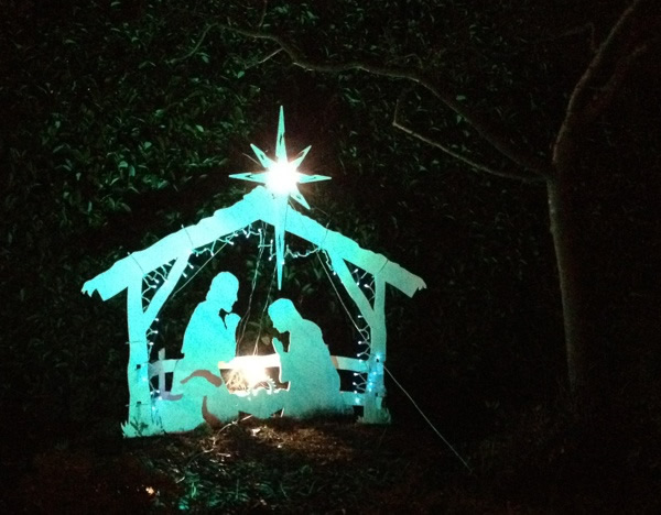 Outdoor nativity with blue light